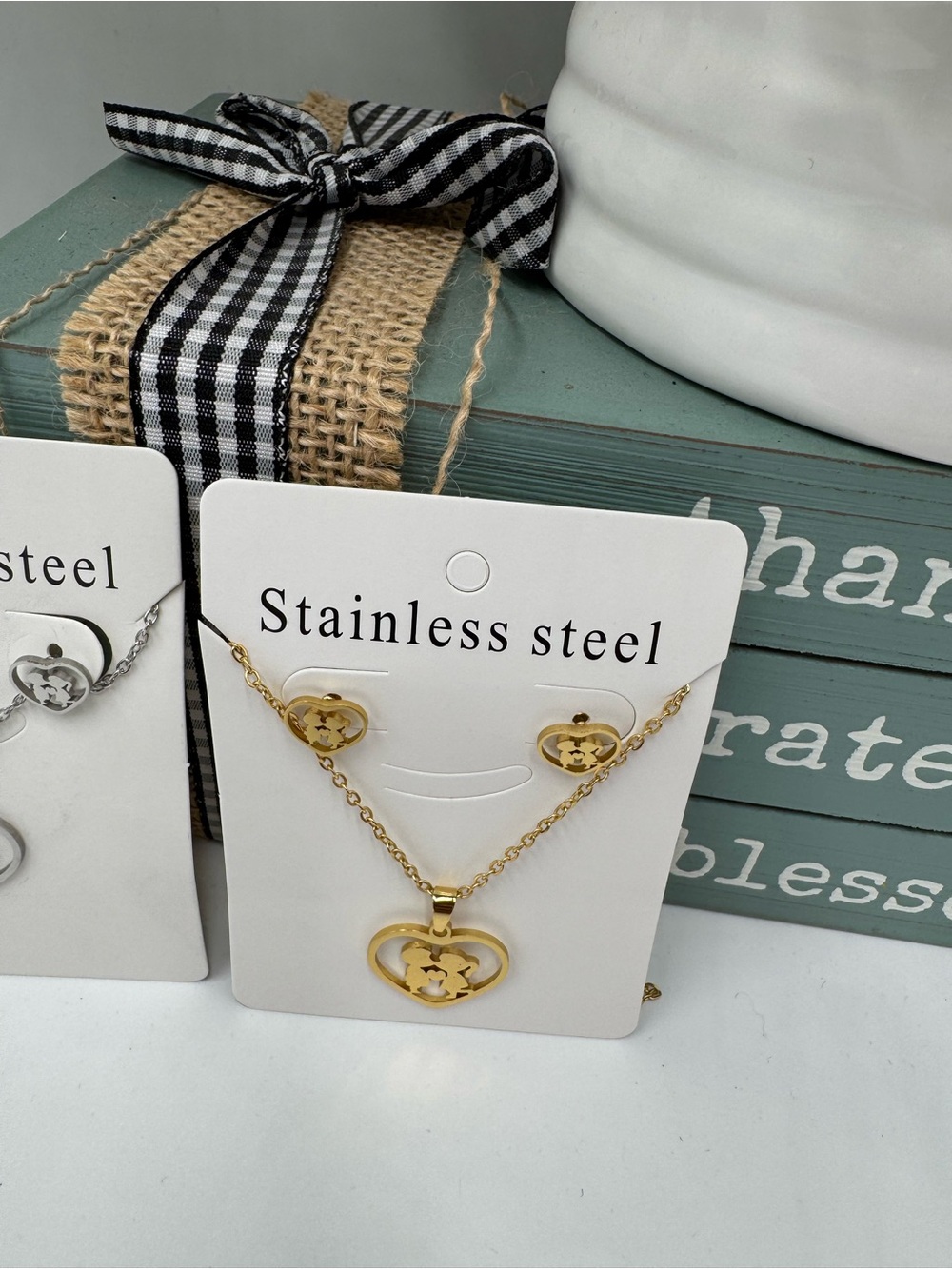 Sweetheart Boy/Girl Earring and Necklace Set - Silver or Gold - Stainless Steel - Picture 6 of 7